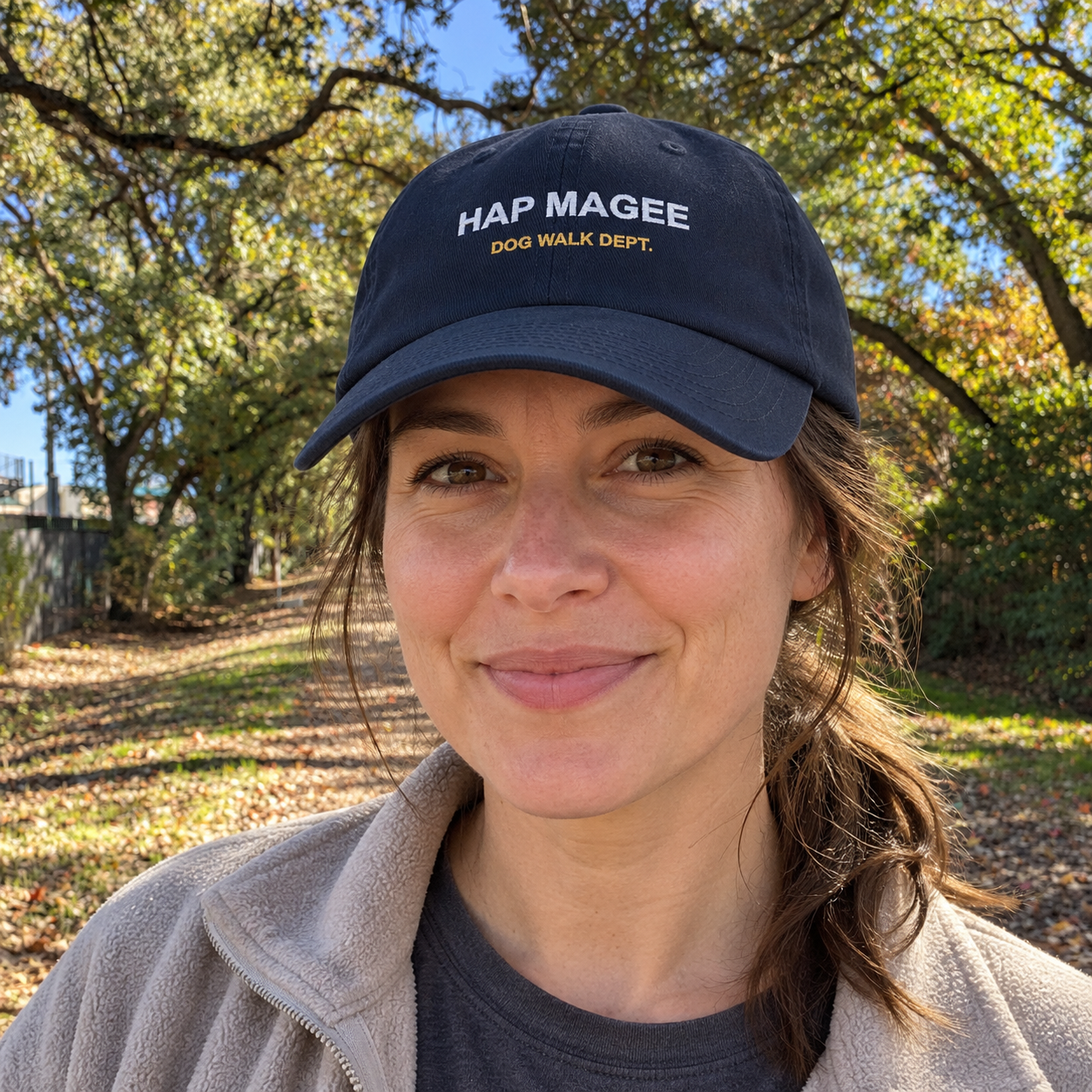 Close view of the Hap Magee Dog Walk cap on the Iron Horse Trail — digital product visualization