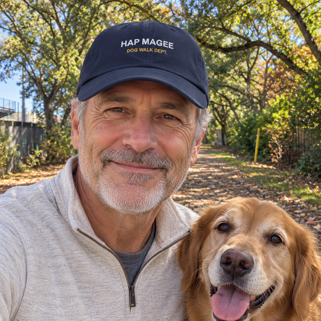 Hap Magee Dog Walk cap worn on a dog walk along the Iron Horse Trail — digital product visualization