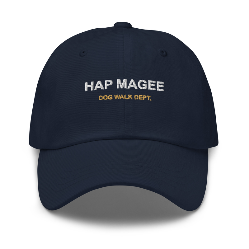 Hap Magee Dog Walk cap in Navy, exact Printful front embroidery view