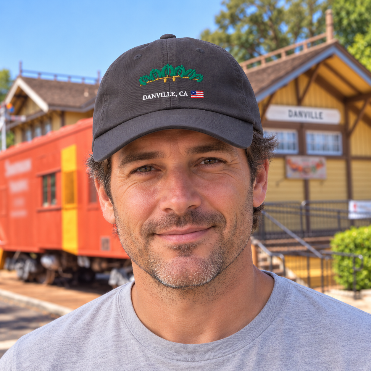 Close view of the Oak and Flag cap at the Danville depot — digital product visualization