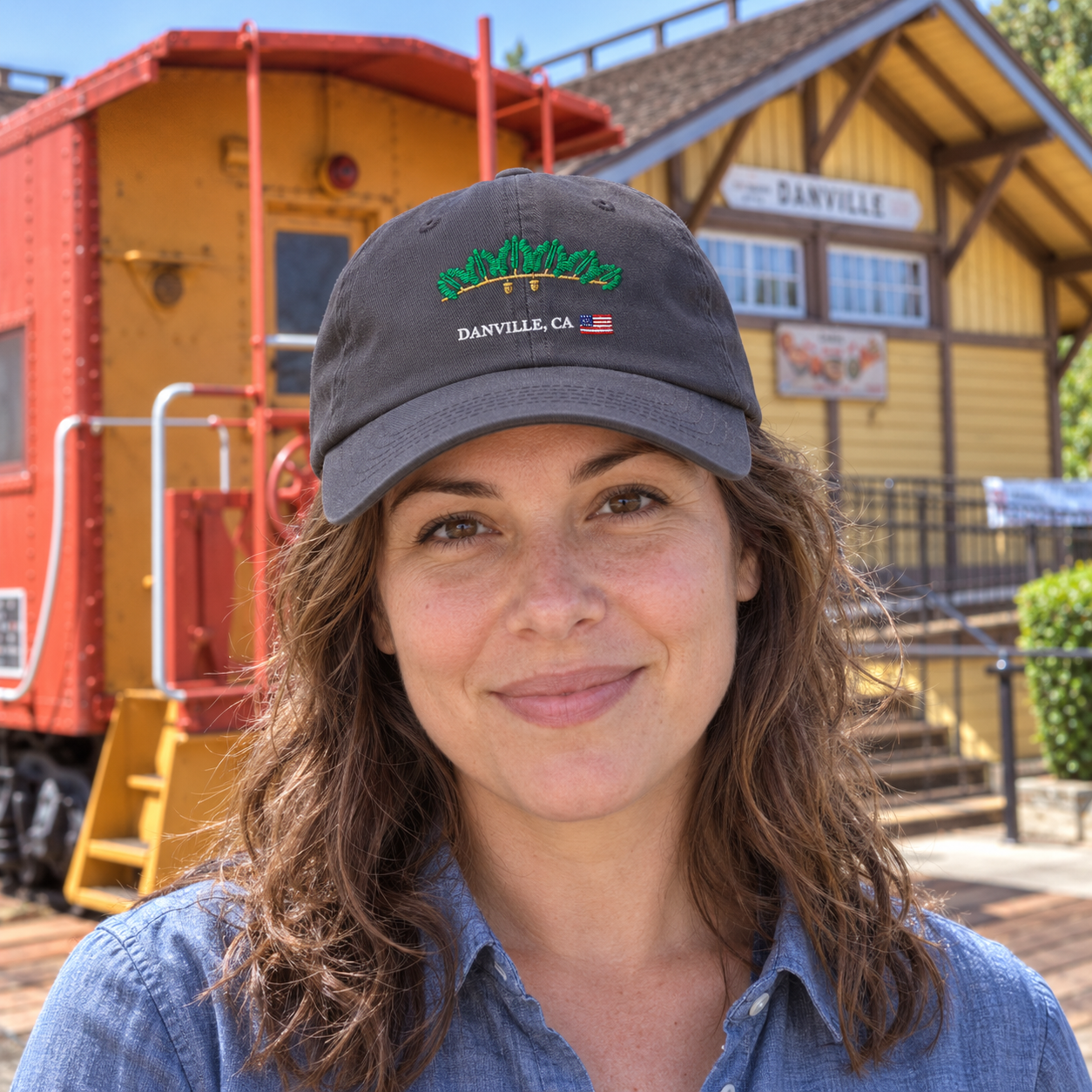 Oak and Flag cap worn by a woman at the Danville depot — digital product visualization