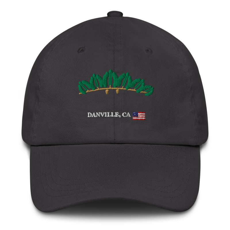 Oak and Flag cap in Dark Grey, exact Printful front embroidery view
