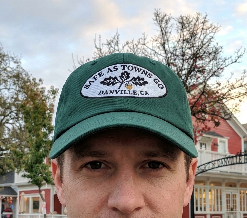 Safe as towns go cap worn on Hartz Avenue — digital product visualization