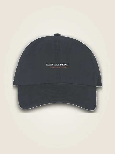 Studio product flat lay of Danville Depot Junior Conductor Youth Cap on authentic supplier blank