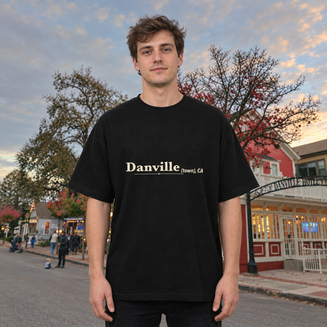 Danville (town), CA Oversized tee in Black worn on Hartz Avenue — digital product visualization