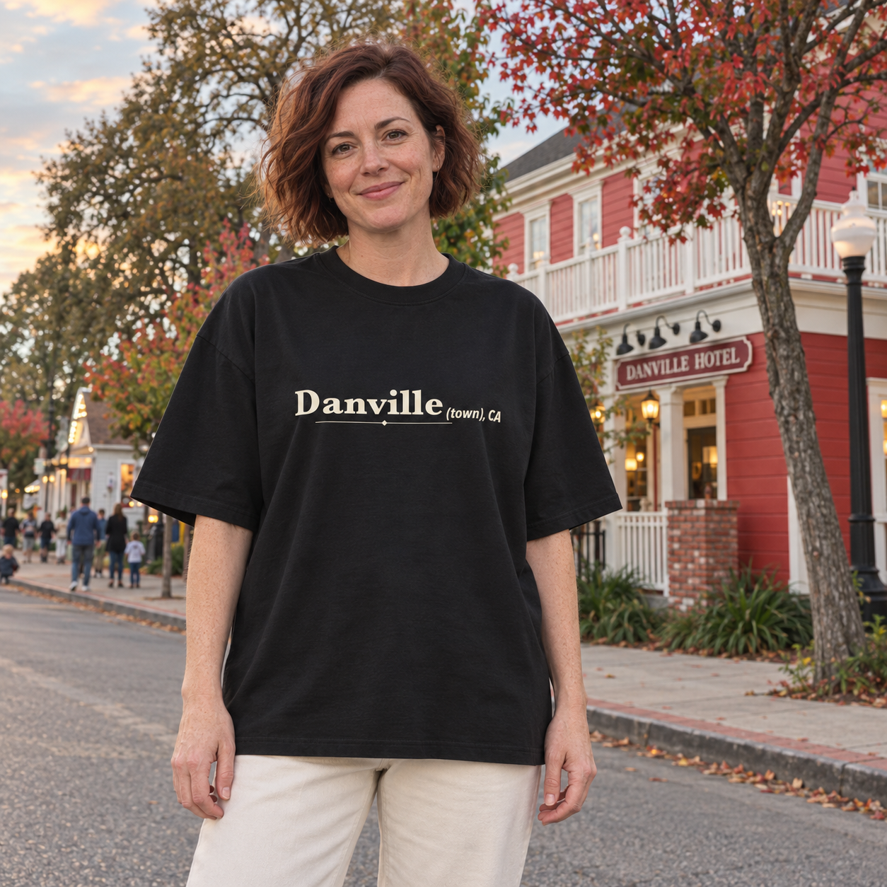 Danville (town), CA Oversized tee in Black, Hartz Avenue model scene 2 — digital product visualization