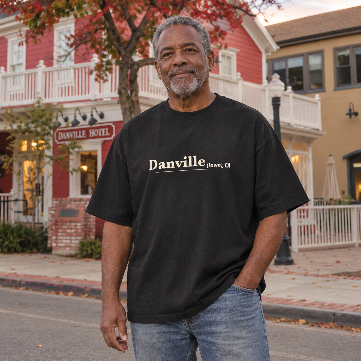 Danville (town), CA Oversized tee in Black, Hartz Avenue model scene 3 — digital product visualization