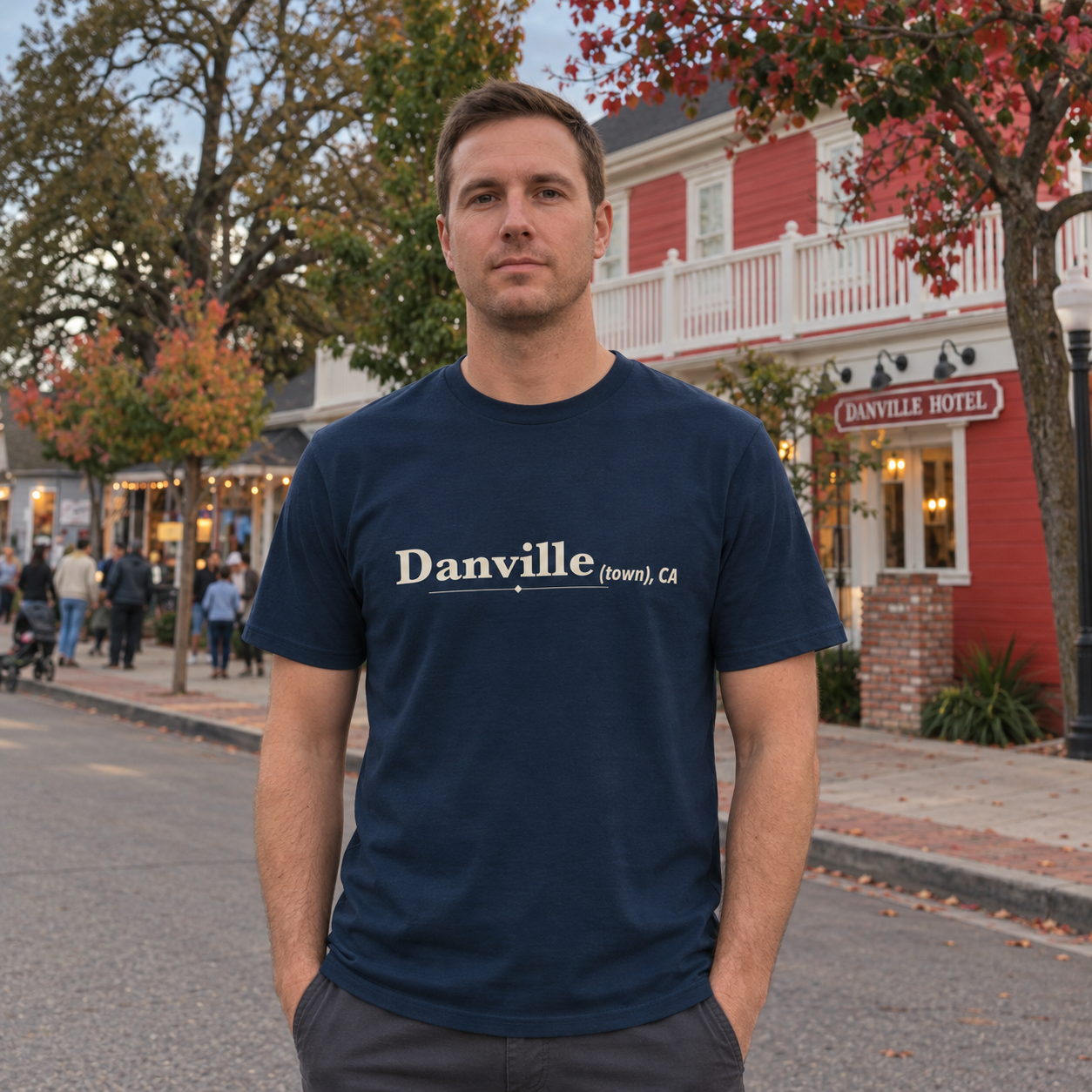 Danville (town), CA Organic tee in French Navy worn on Hartz Avenue — digital product visualization