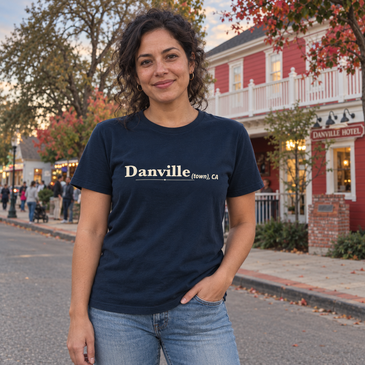 Danville (town), CA Organic tee in French Navy, Hartz Avenue model scene 2 — digital product visualization