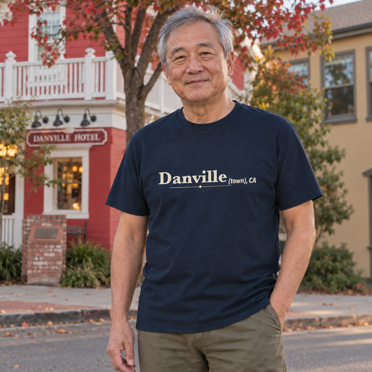 Danville (town), CA Organic tee in French Navy, Hartz Avenue model scene 3 — digital product visualization