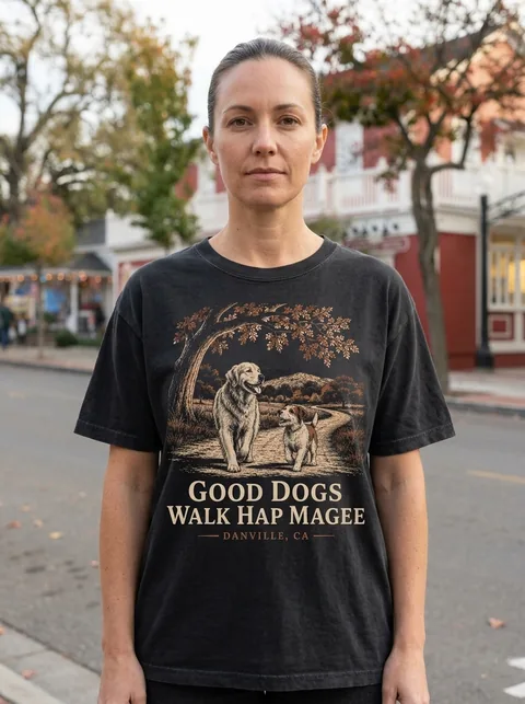 Digital visualization of Good Dogs Walk Hap Magee on a tee