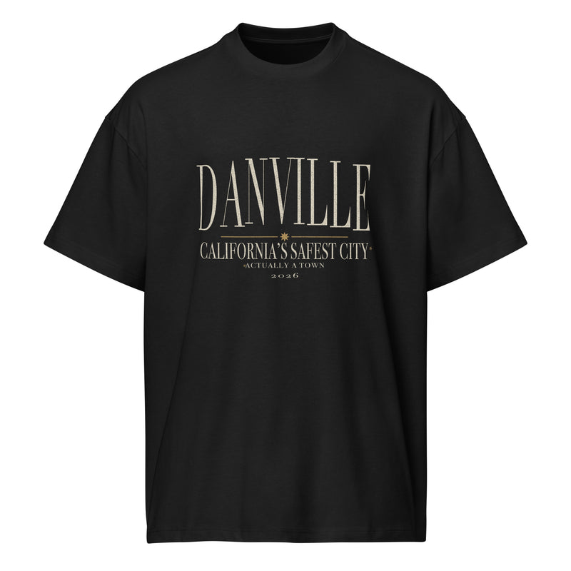 Safest city, actually a town Oversized tee in Black, saved supplier front view