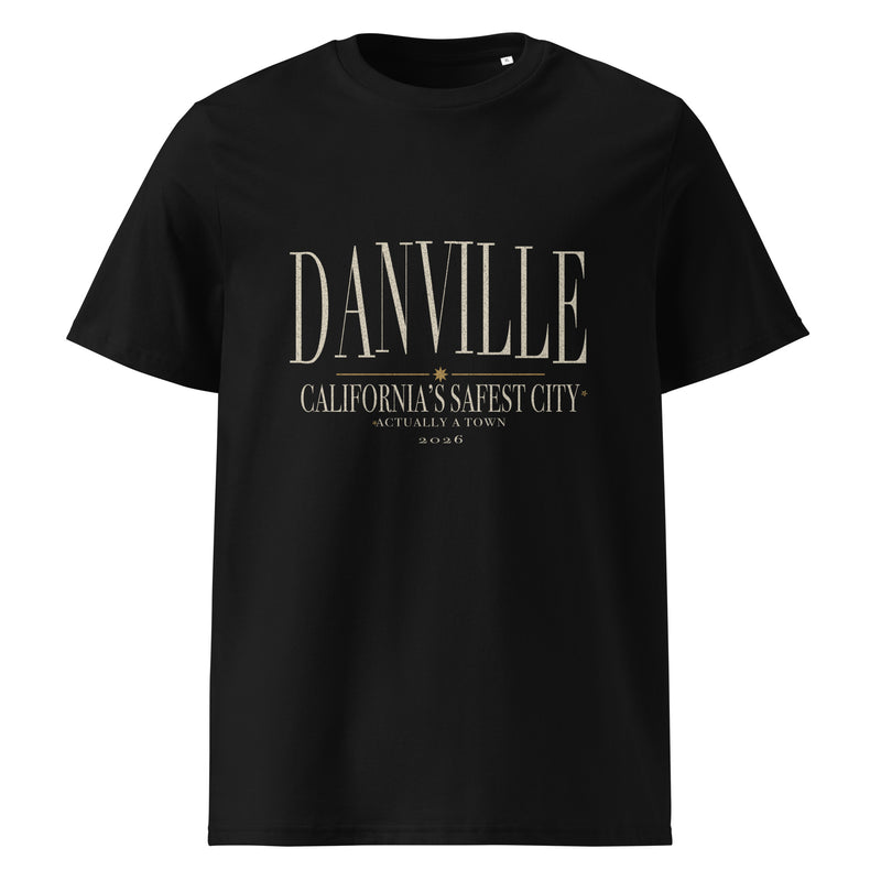 Safest city, actually a town Organic tee in Black, saved supplier front view