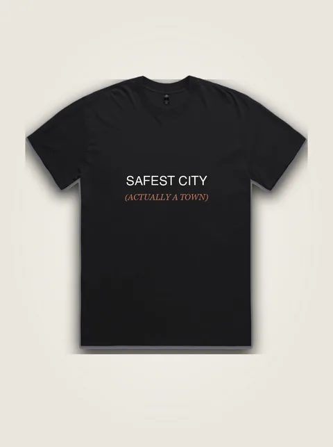 Studio product flat lay of Safest city, actually a town on authentic supplier blank