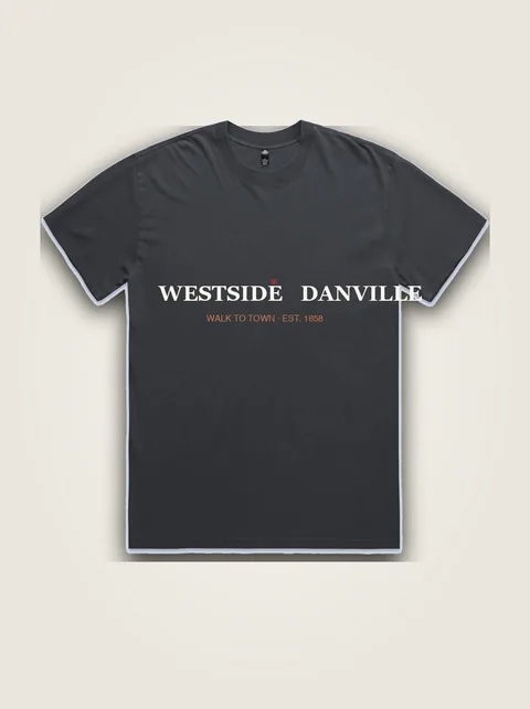 Studio product flat lay of Westside ❤️ Danville Heritage Tee on authentic supplier blank