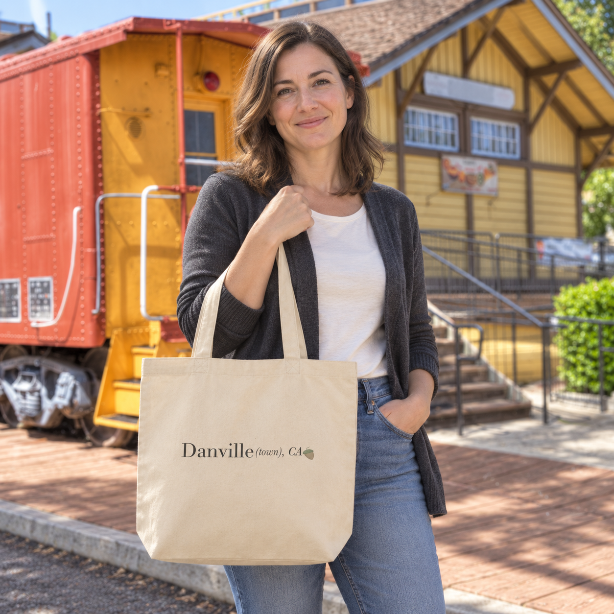Danville (town), CA Organic tote in Oyster, forearm carry at the Danville Depot — digital product visualization