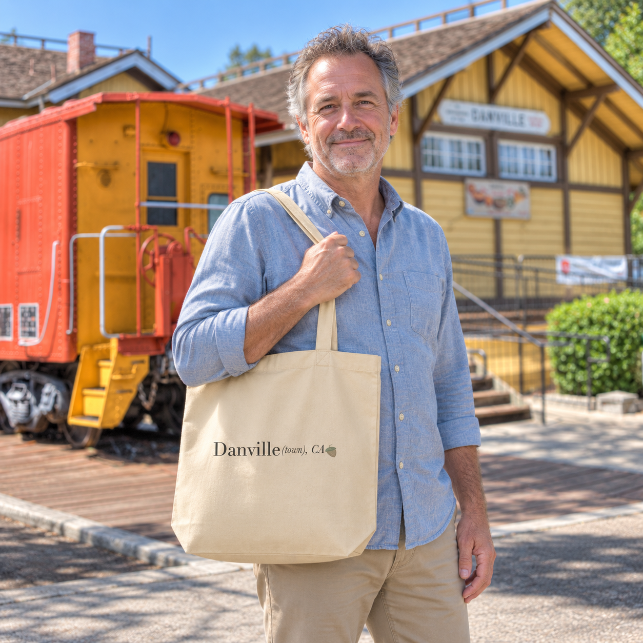 Danville (town), CA Organic tote in Oyster, shoulder carry at the Danville Depot — digital product visualization