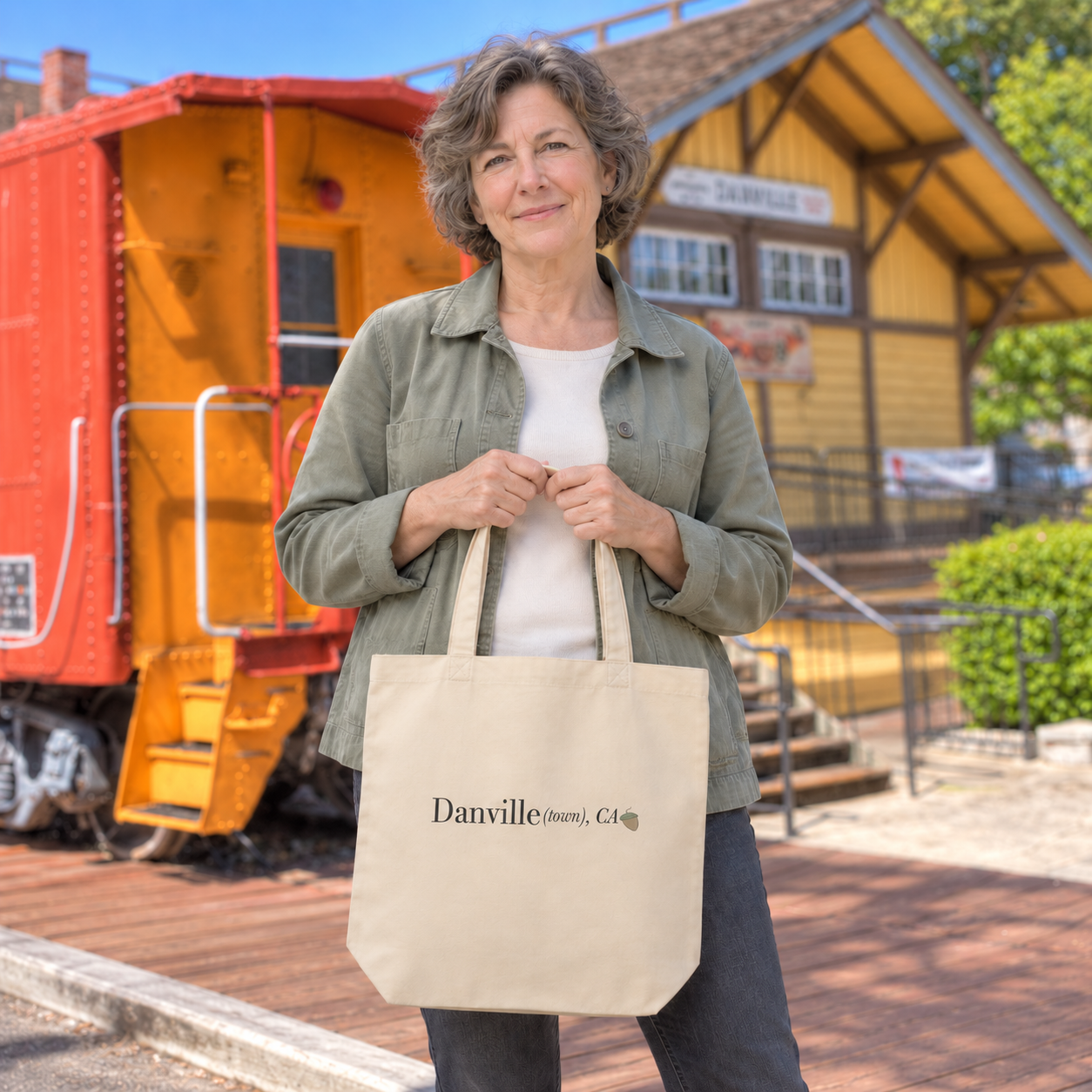 Danville (town), CA Organic tote in Oyster, two-handed carry at the Danville Depot — digital product visualization