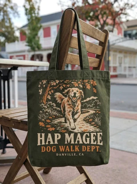 Digital visualization of Hap Magee Dog Walk Dept. on a tote