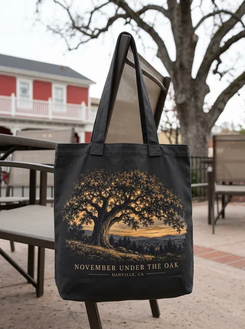 Digital visualization of November Under the Oak on a tote