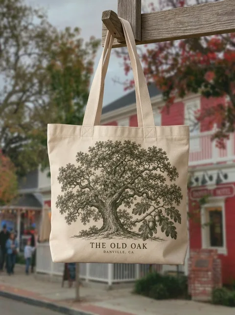 Digital visualization of The Old Oak on a tote
