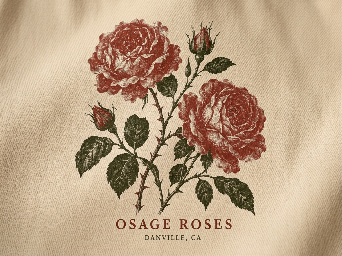 Osage Roses botanical print on Oyster cotton, close detail — digital product visualization