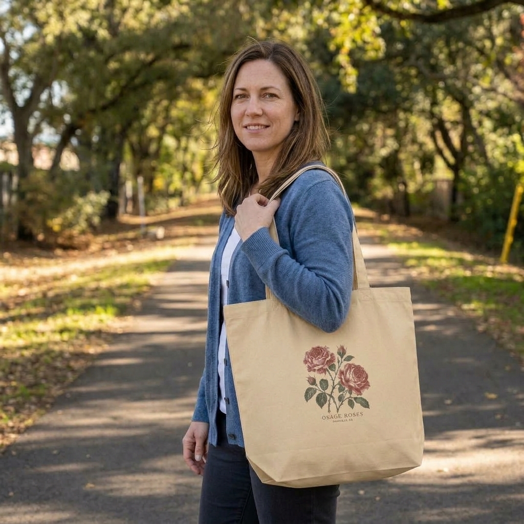 Osage Roses Organic tote in Oyster, shoulder carry on the Iron Horse Trail — digital product visualization