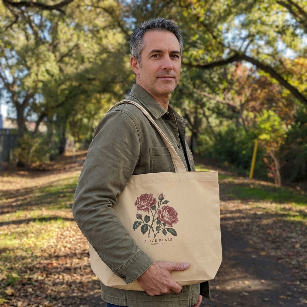 Osage Roses Organic tote in Oyster, shoulder carry with a hand supporting the base on the Iron Horse Trail — digital product visualization