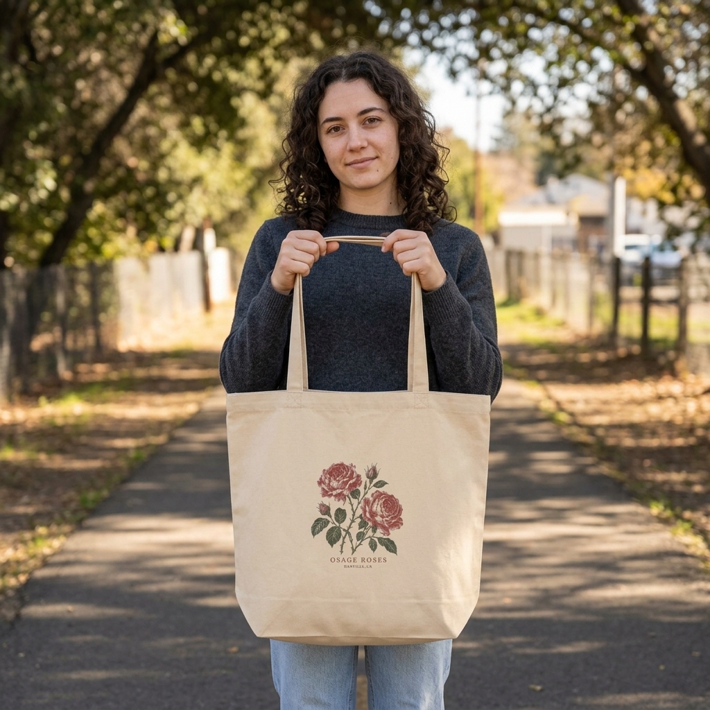 Osage Roses Organic tote in Oyster, two-handed carry on the Iron Horse Trail — digital product visualization